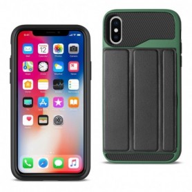 iPhone X Wallet Flip Leather Feel Cover Card Holder with KickStand in Black And Green