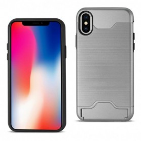 Card Slot Holder Kickstand Dual Layer Hybrid Protective Case for iPhone X in Silver