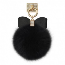 PHONE HOLDER/ FINGER LOOP GRIP WITH RHINESTONE SOFT PUFFY FUR BALL IN BLACK