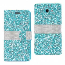 SAMSUNG GALAXY J3 EMERGE DIAMOND RHINESTONE WALLET CASE IN BLUE