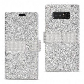 SAMSUNG GALAXY NOTE 8 DIAMOND RHINESTONE WALLET CASE IN SILVER
