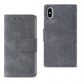 IPHONE X DENIM WALLET CASE WITH GUMMY INNER SHELL AND KICKSTAND FUNCTION IN GRAY