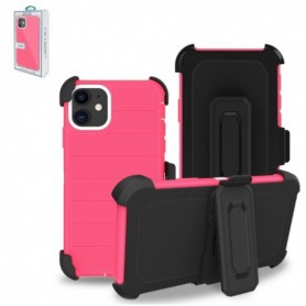 APPLE IPHONE 11 3-In-1 Hybrid Heavy Duty Holster Combo Case In Hot Pink and White