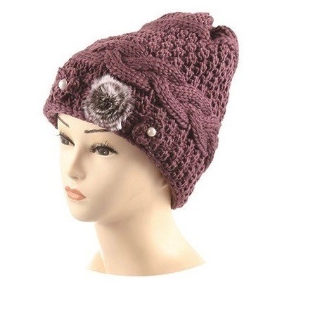 Woman Beanie Hat with Hair Ball & Pearl (12/144/c)