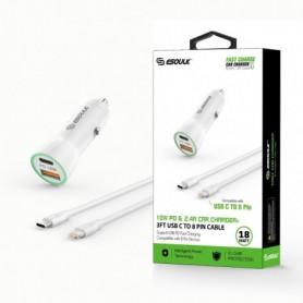 18W Car Charger PD & USB-A with 3ft TYPC to iPhone cable In White