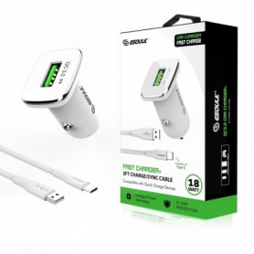18W QC3.0 Car Charger and 3ft Cable For Type-C In White