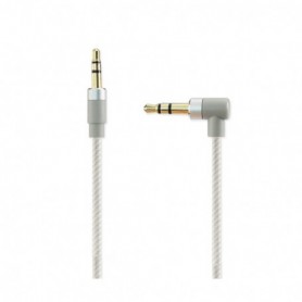 NYLON BRAIDED RIGHT ANGLE 3.5MM MALE TO MALE STEREO AUDIO CABLE 3.9FTS IN SILVER